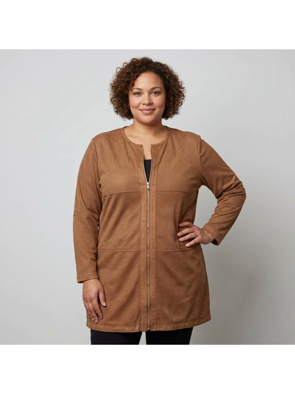 Luii Women's Light Brown Tan Color Faux Suede Coat Perforated Jacket in size XL